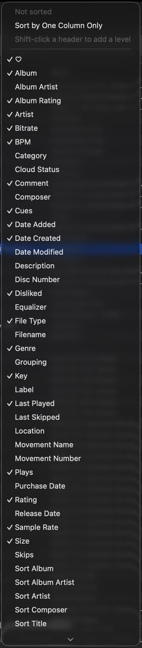 The column and sort menu