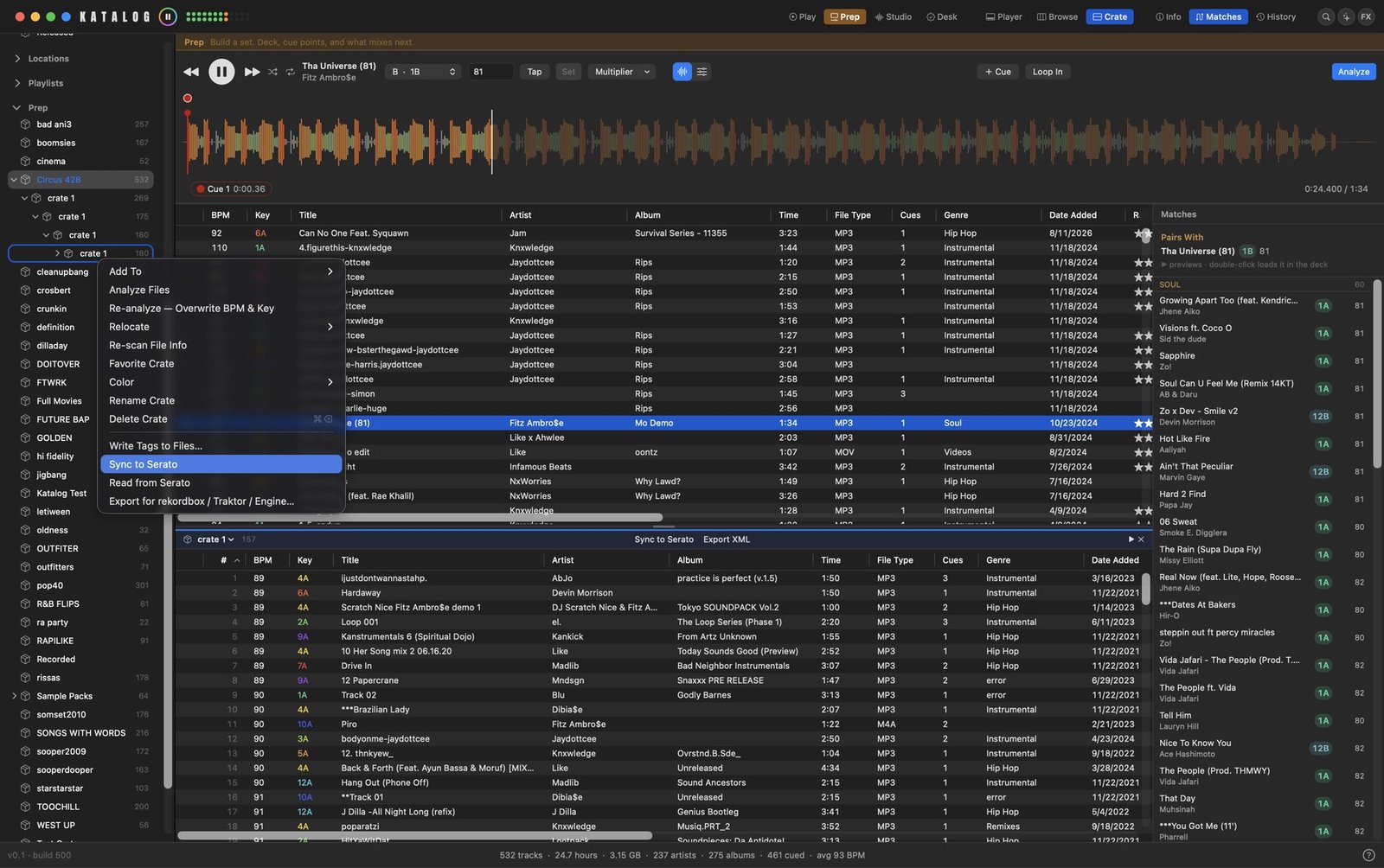 Sync to Serato, Read from Serato, Export for rekordbox / Traktor / Engine